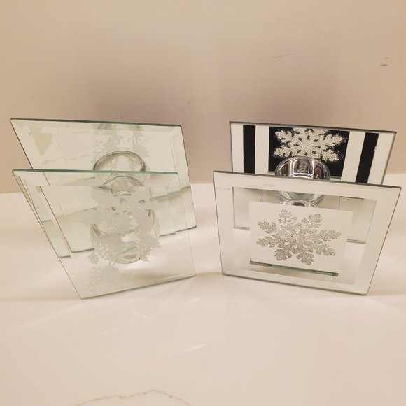 Holly Berry & Snowflake Glass Mirror Candle Holders 2pcs Holiday Decor / Gifts - Picture 8 of 14